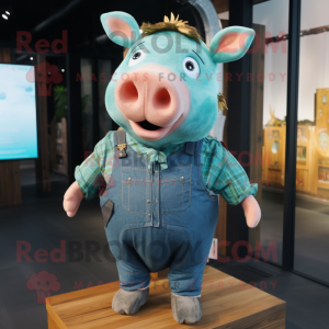 Teal Pig mascot costume character dressed with a Dungarees and Shawl pins