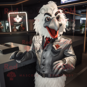 Silver Roosters mascot costume character dressed with a Leather Jacket and Wallets