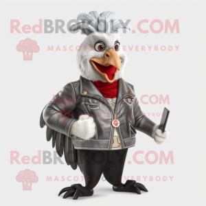 Silver Roosters mascot costume character dressed with a Leather Jacket and Wallets