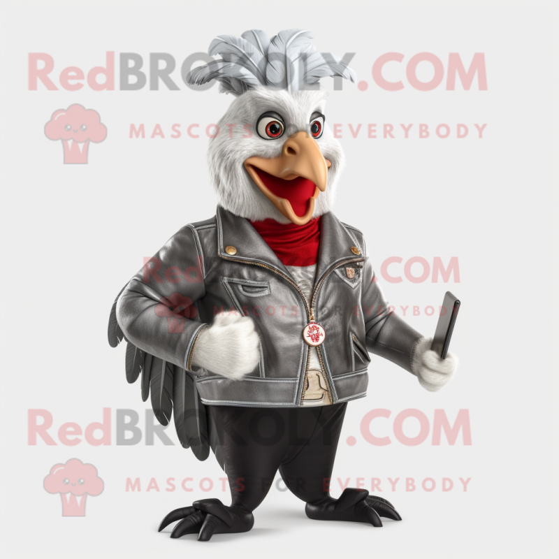 Silver Roosters mascot costume character dressed with a Leather Jacket and Wallets Silver Roosters mascot costume character dressed with a Leather Jacket and Wallets