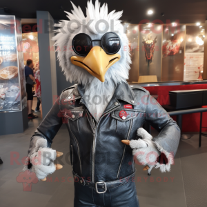 Silver Roosters mascot costume character dressed with a Leather Jacket and Wallets