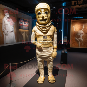 Gold Mummy mascot costume character dressed with a Bootcut Jeans and Suspenders