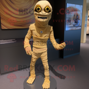 Gold Mummy mascot costume character dressed with a Bootcut Jeans and Suspenders