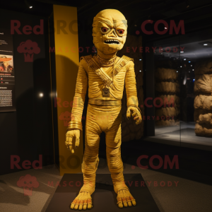 Gold Mummy mascot costume character dressed with a Bootcut Jeans and Suspenders