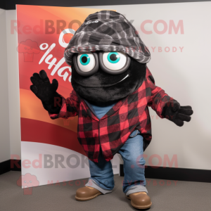 Black Tacos mascot costume character dressed with a Flannel Shirt and Shawls