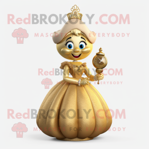 Gold Hourglass mascot costume character dressed with a Ball Gown and Gloves