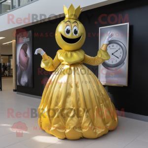 Gold Hourglass mascot costume character dressed with a Ball Gown and Gloves