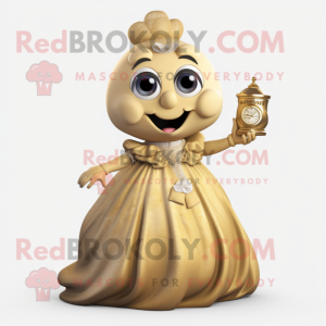 Gold Hourglass mascot costume character dressed with a Ball Gown and Gloves