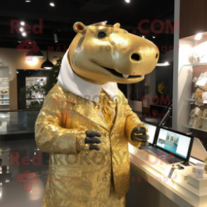 Gold Hippopotamus mascot costume character dressed with a Suit and Hair clips