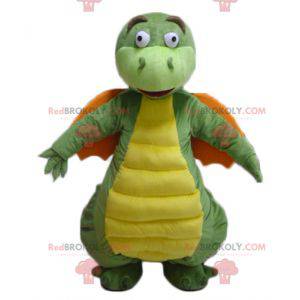 Funny looking green yellow and orange dragon mascot -