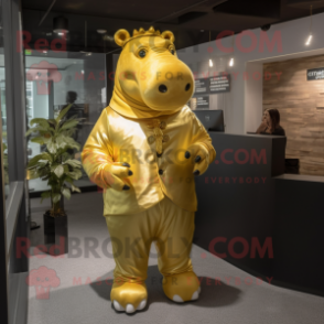 Gold Hippopotamus mascot costume character dressed with a Suit and Hair clips