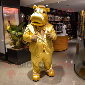 Gold Hippopotamus mascot costume character dressed with a Suit and Hair clips