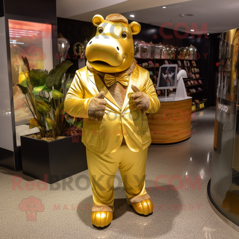 Gold Hippopotamus mascot costume character dressed with a Suit and Hair clips