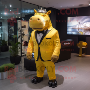 Gold Hippopotamus mascot costume character dressed with a Suit and Hair clips