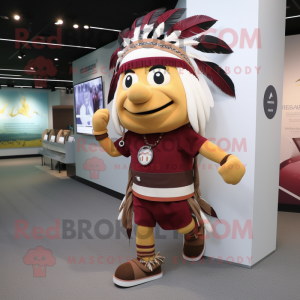 Maroon Chief mascot costume character dressed with a Running Shorts and Backpacks
