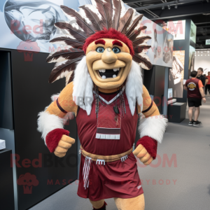 Maroon Chief mascot costume character dressed with a Running Shorts and Backpacks