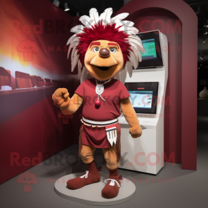 Maroon Chief mascot costume character dressed with a Running Shorts and Backpacks