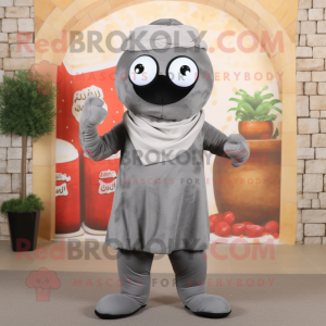 Gray Falafel mascot costume character dressed with a Romper and Scarves