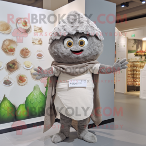 Gray Falafel mascot costume character dressed with a Romper and Scarves