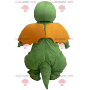 Funny looking green yellow and orange dragon mascot -