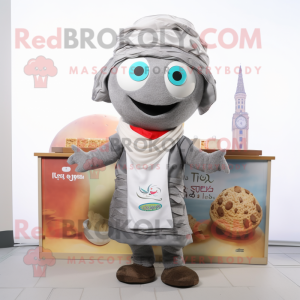 Gray Falafel mascot costume character dressed with a Romper and Scarves