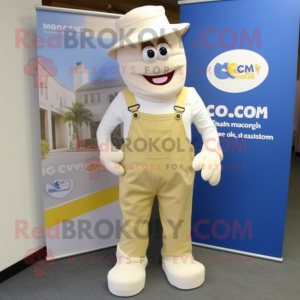 Cream Cod mascot costume character dressed with a Dungarees and Tie pins