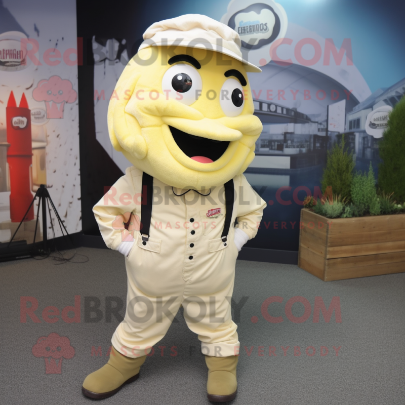 Cream Cod mascot costume character dressed with a Dungarees and Tie pins Cream Cod mascot costume character dressed with a Dungarees and Tie pins