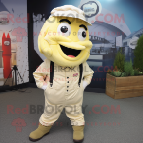 Cream Cod mascot costume character dressed with a Dungarees and Tie pins