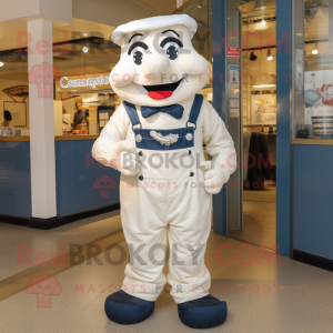 Cream Cod mascot costume character dressed with a Dungarees and Tie pins