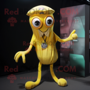 Yellow Octopus mascot costume character dressed with a Playsuit and Suspenders