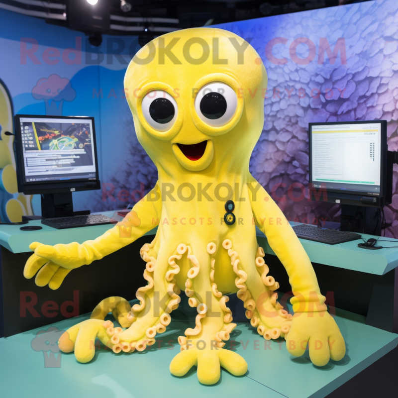 Yellow Octopus mascot costume character dressed with a Playsuit and Suspenders Yellow Octopus mascot costume character dressed with a Playsuit and Suspenders