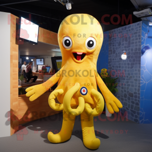 Yellow Octopus mascot costume character dressed with a Playsuit and Suspenders