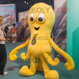 Yellow Octopus mascot costume character dressed with a Playsuit and Suspenders