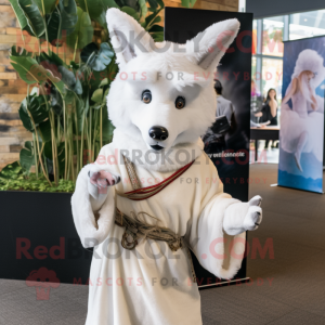 White Dingo mascot costume character dressed with a Wrap Dress and Headbands