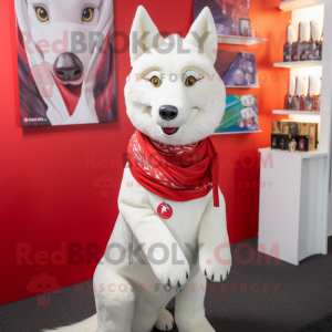 White Dingo mascot costume character dressed with a Wrap Dress and Headbands