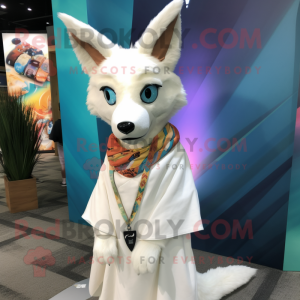 White Dingo mascot costume character dressed with a Wrap Dress and Headbands