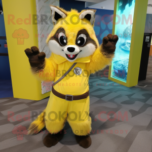 Lemon Yellow Raccoon mascot costume character dressed with a Long Sleeve Tee and Wraps