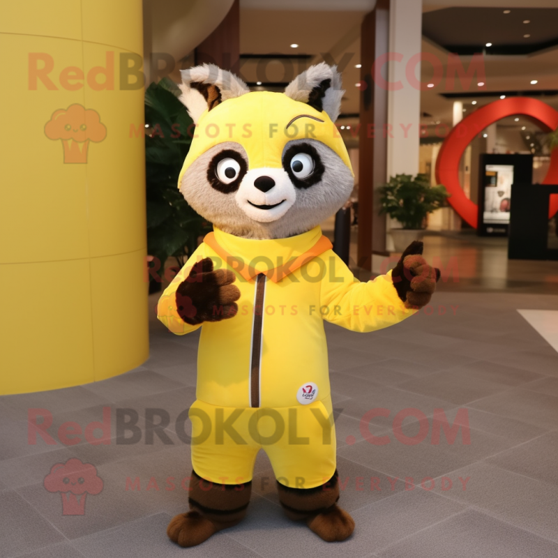 Lemon Yellow Raccoon mascot costume character dressed with a Long Sleeve Tee and Wraps Lemon Yellow Raccoon mascot costume character dressed with a Long Sleeve Tee and Wraps