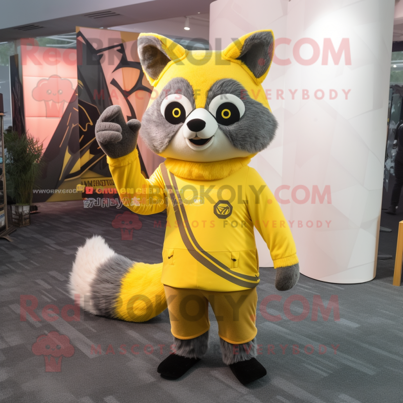 Lemon Yellow Raccoon mascot costume character dressed with a Long Sleeve Tee and Wraps Lemon Yellow Raccoon mascot costume character dressed with a Long Sleeve Tee and Wraps