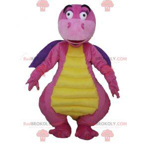 Mascotte drago rosa viola e giallo attraente e colorato -