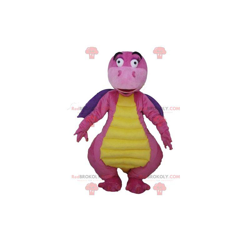 Mascotte drago rosa viola e giallo attraente e colorato -