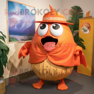 Orange Tuna mascot costume character dressed with a Wrap Skirt and Ties