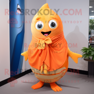 Orange Tuna mascot costume character dressed with a Wrap Skirt and Ties