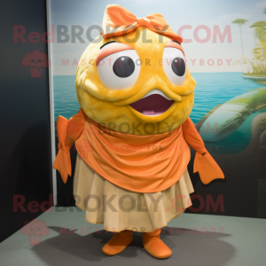 Orange Tuna mascot costume character dressed with a Wrap Skirt and Ties