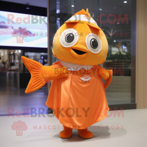 Orange Tuna mascot costume character dressed with a Wrap Skirt and Ties