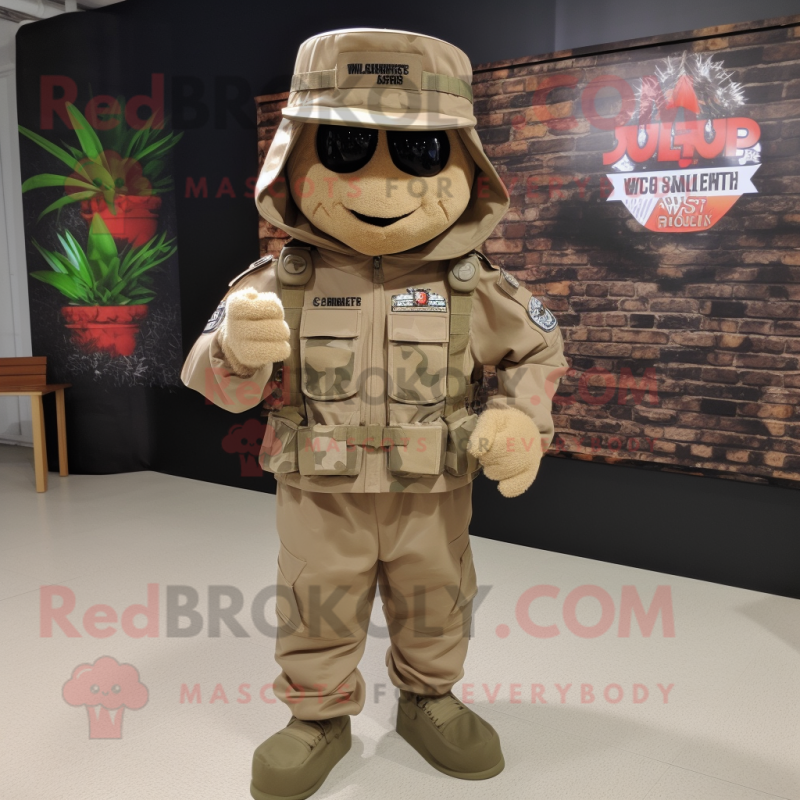 Tan Army Soldier mascot costume character dressed with a T-Shirt and Beanies Tan Army Soldier mascot costume character dressed with a T-Shirt and Beanies