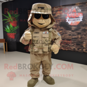 Tan Army Soldier mascot costume character dressed with a T-Shirt and Beanies