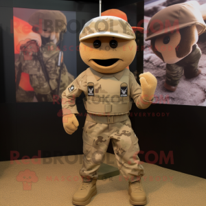 Tan Army Soldier mascot costume character dressed with a T-Shirt and Beanies