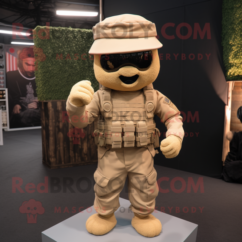 Tan Army Soldier mascot costume character dressed with a T-Shirt and Beanies Tan Army Soldier mascot costume character dressed with a T-Shirt and Beanies