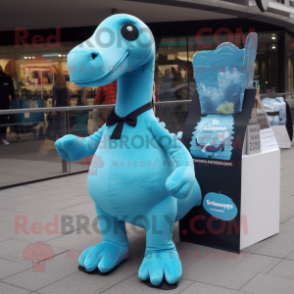 Cyan Diplodocus mascot costume character dressed with a Leggings and Pocket squares